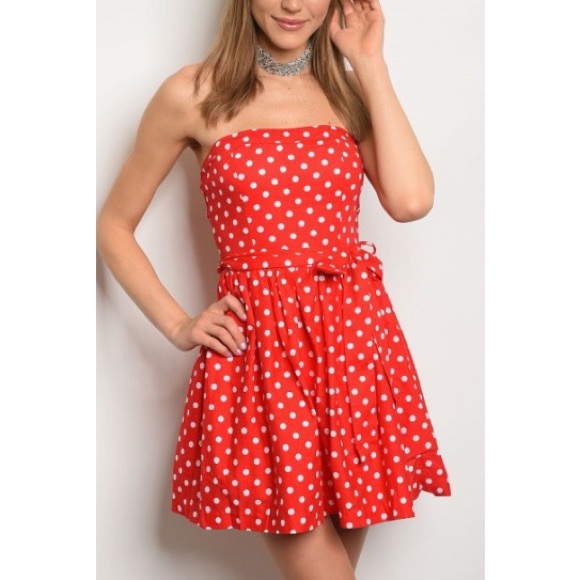 *CLEARANCE* Red Strapless Polka Dot Pin Up Dress - Picture 2 of 7